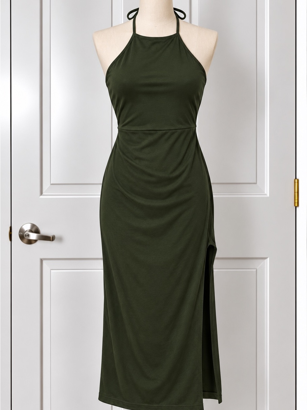 Liz & Sara Women’s Green Solid Knit Halter Maxi Dress Side Slit L
